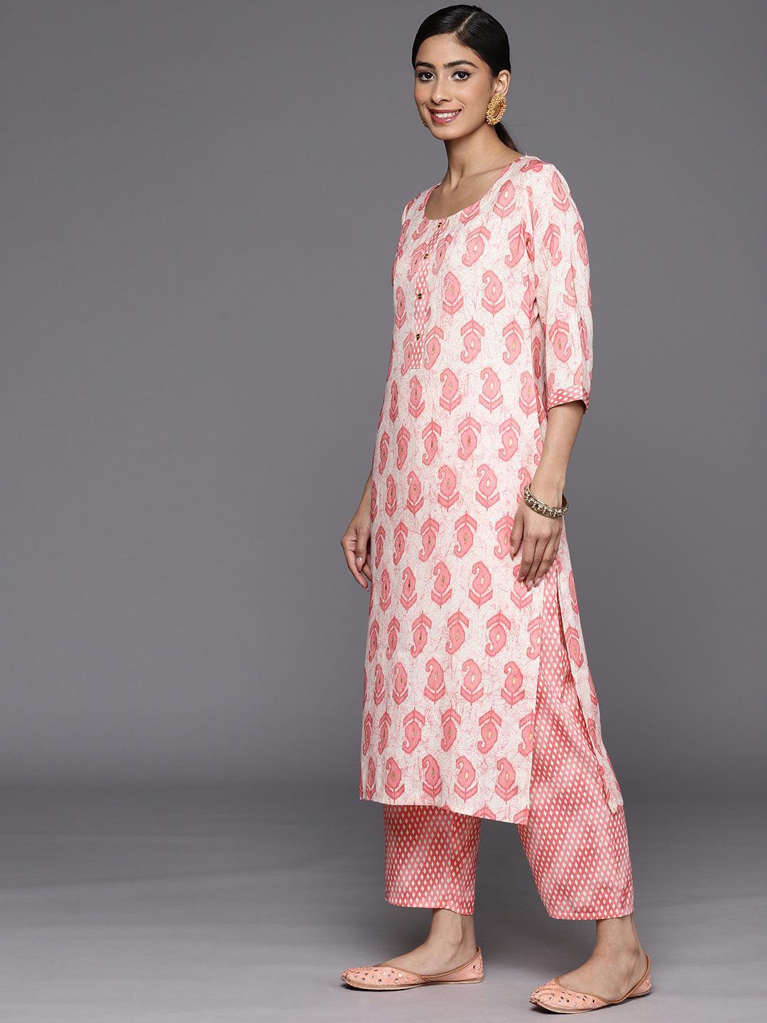 Off White Printed Rayon Straight Suit Set With Trousers