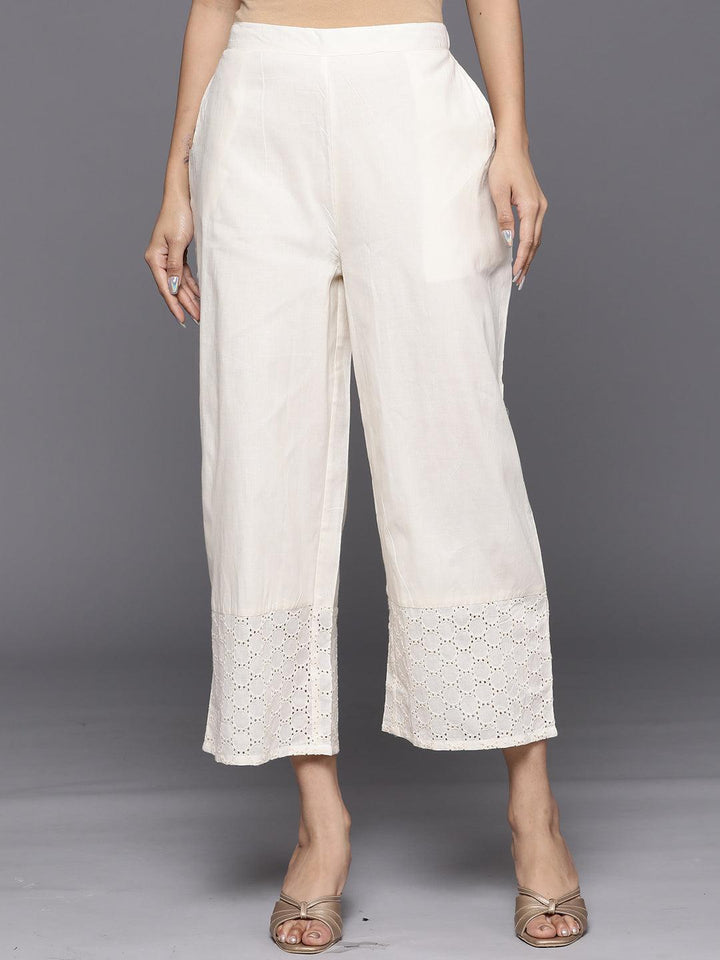 Off White Schiffli Cotton Palazzos - ShopLibas