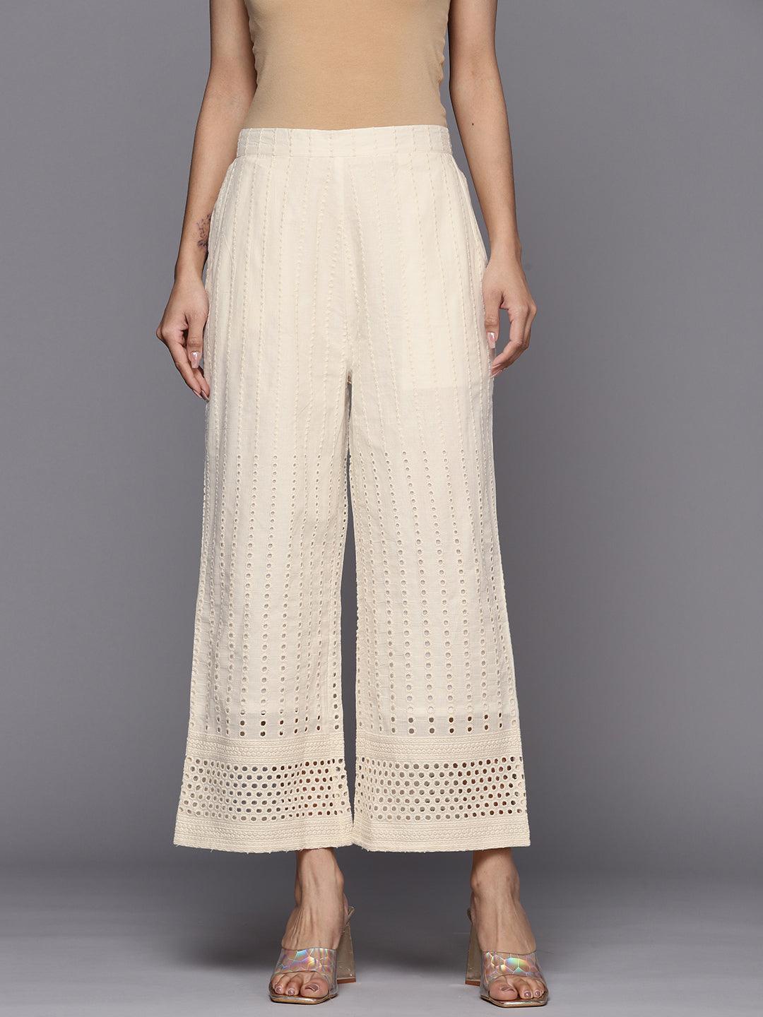 Off White Embroidered Cotton Palazzos