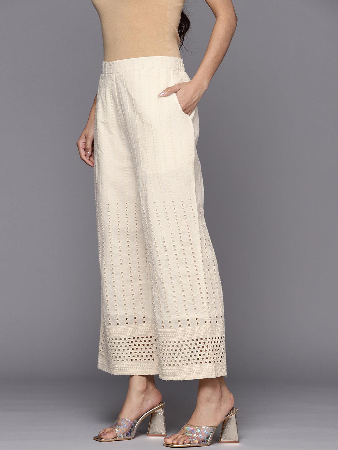 Off White Embroidered Cotton Palazzos