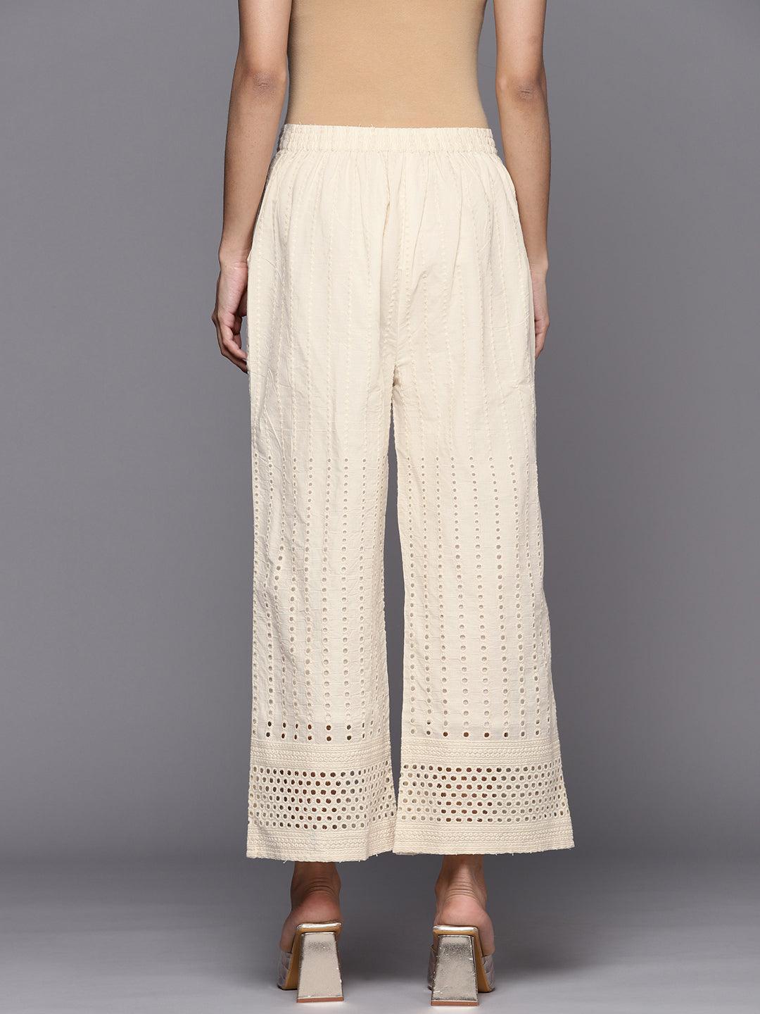 Off White Embroidered Cotton Palazzos