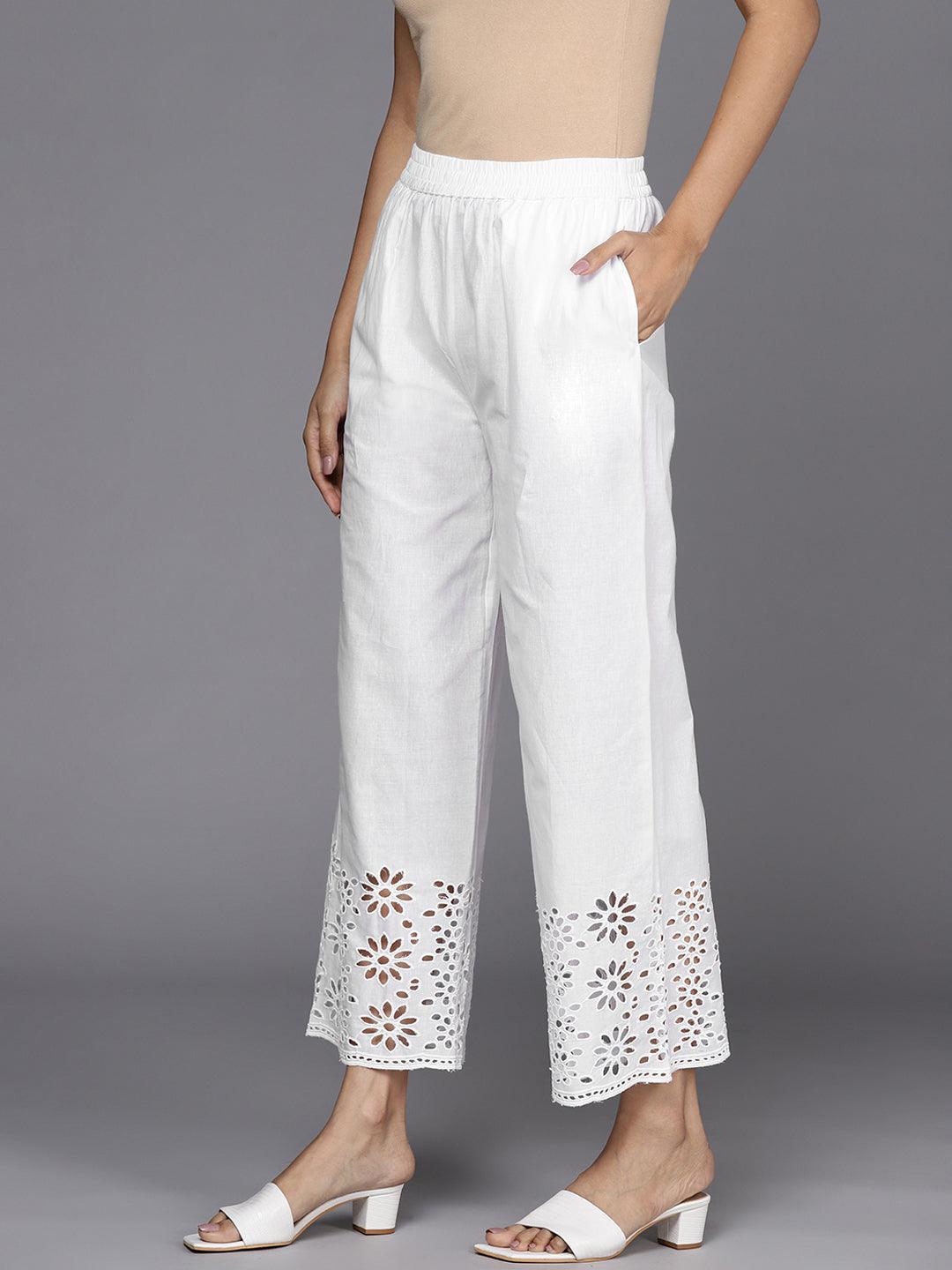 Off White Solid Cotton Palazzos - ShopLibas