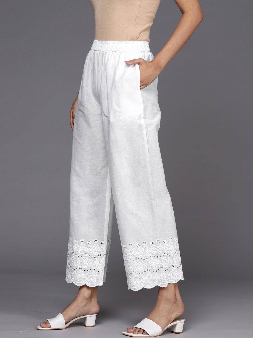 Off White Solid Cotton Palazzos - ShopLibas