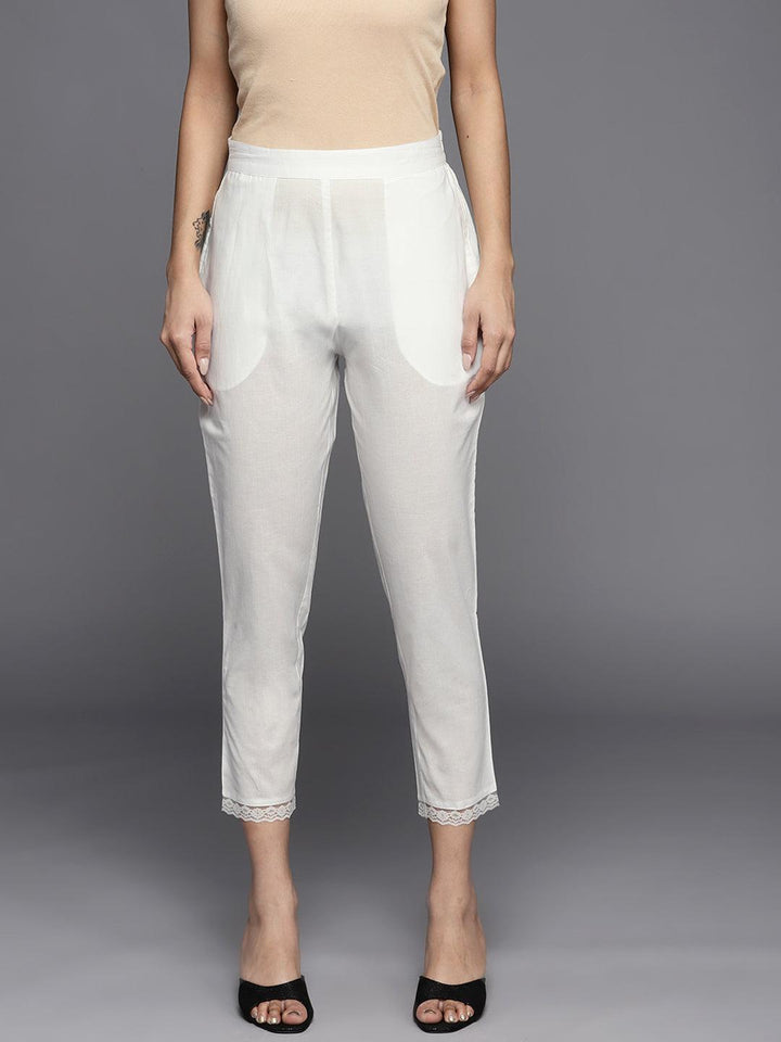 Off White Solid Cotton Trousers - ShopLibas