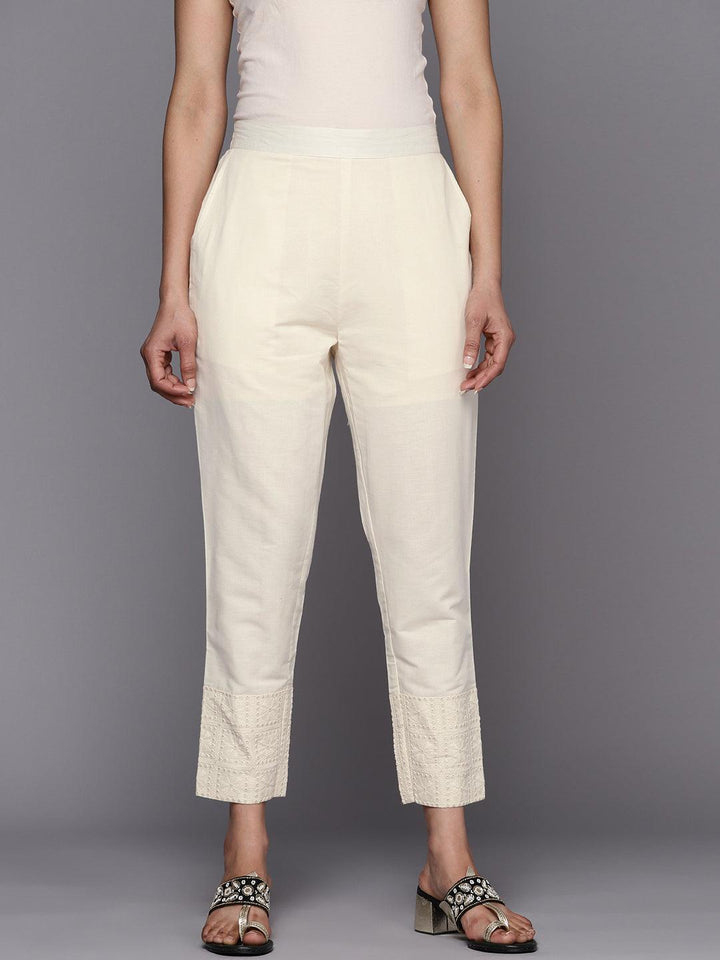 Off White Embroidered Cotton Trousers - ShopLibas