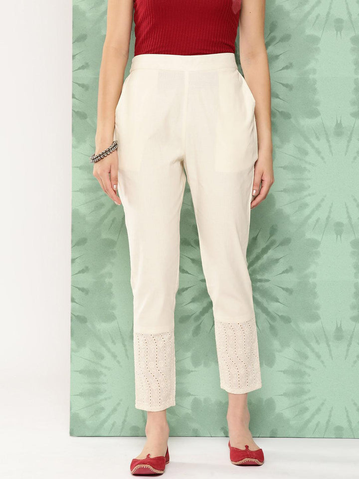 Off White Solid Cotton Trousers - Libas