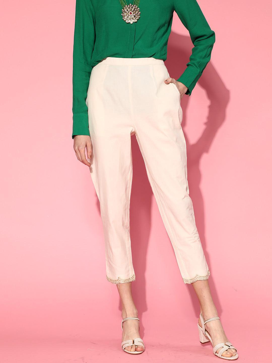 Off White Solid Cotton Trousers - ShopLibas