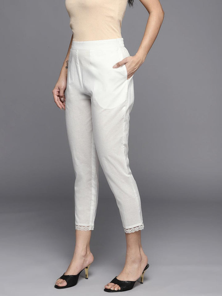 Off White Solid Cotton Trousers - ShopLibas