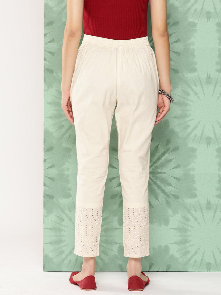 Off White Solid Cotton Trousers - Libas