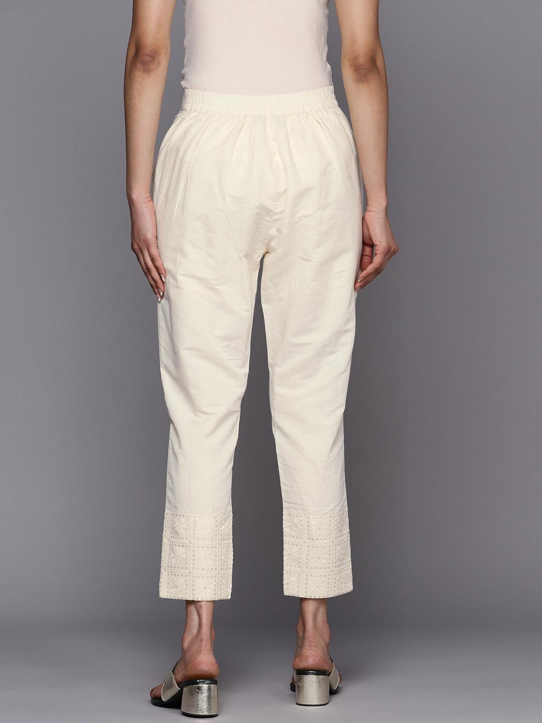 Off White Embroidered Cotton Trousers - ShopLibas