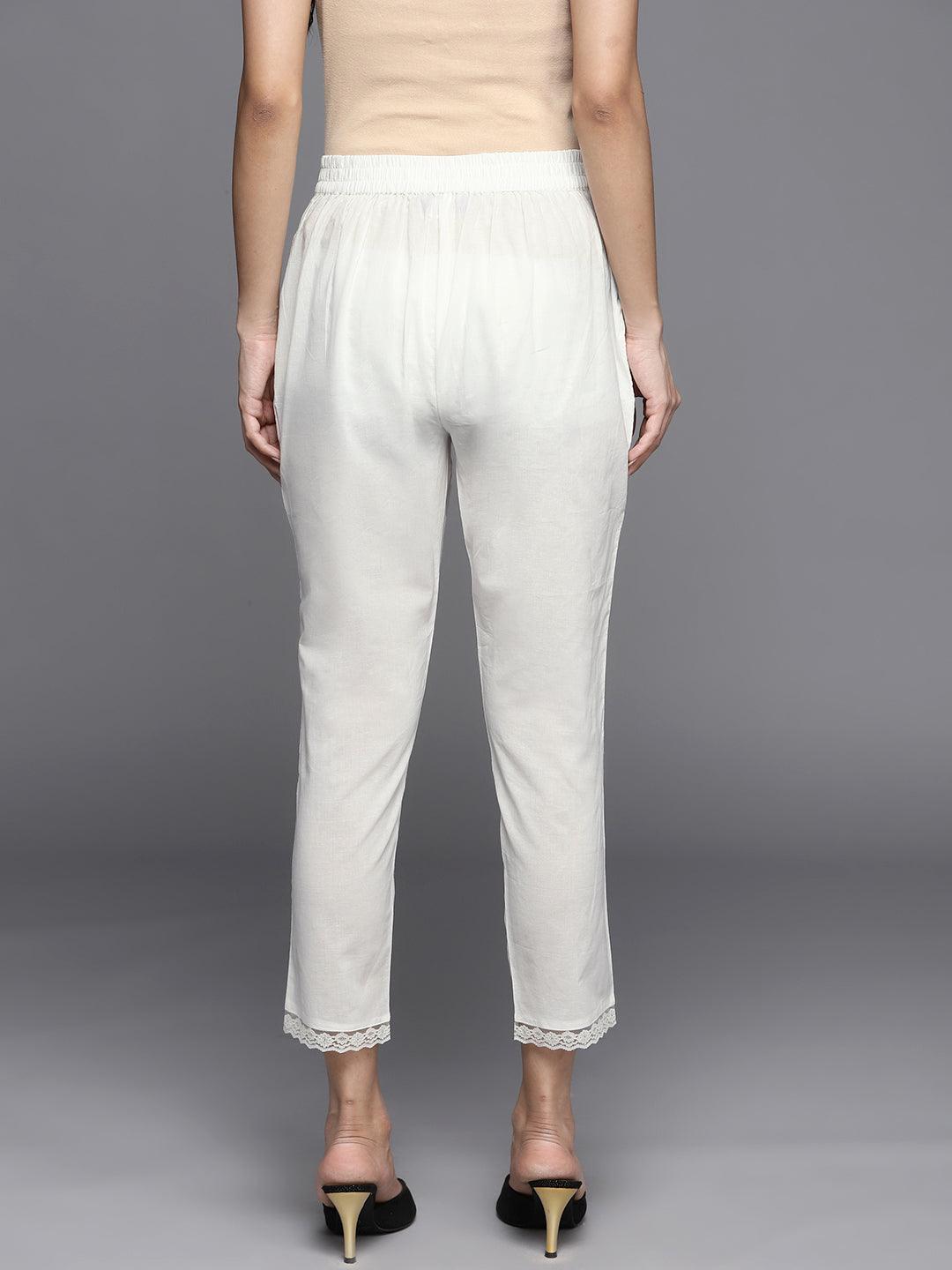 Off White Solid Cotton Trousers - ShopLibas