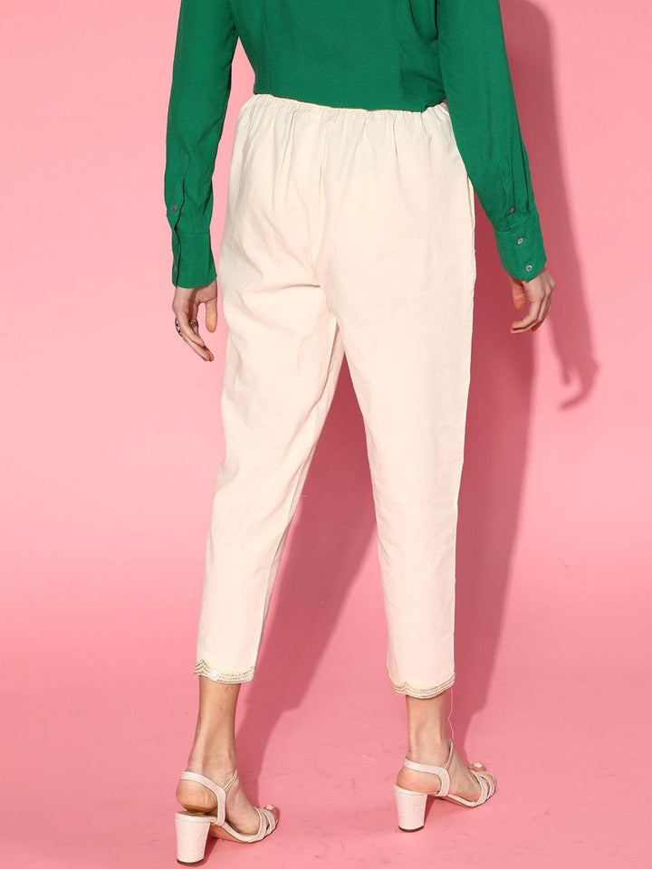 Off White Solid Cotton Trousers - ShopLibas