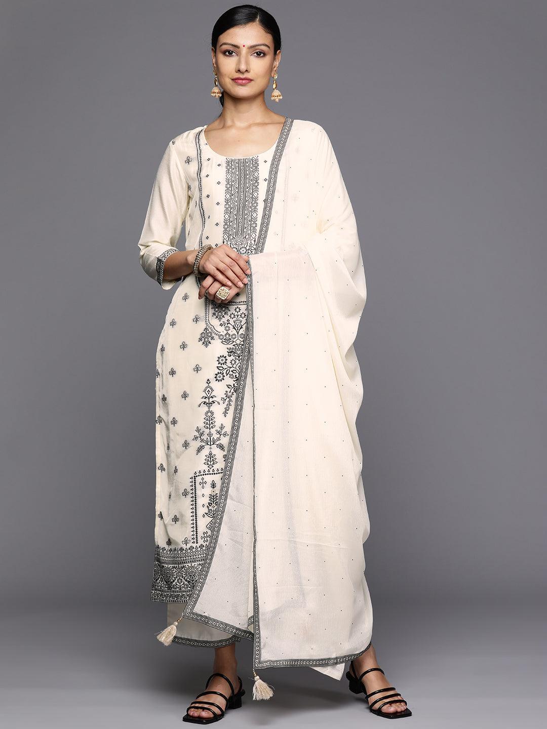 Off White Woven Design Silk Blend Straight Kurta With Trousers & Dupatta