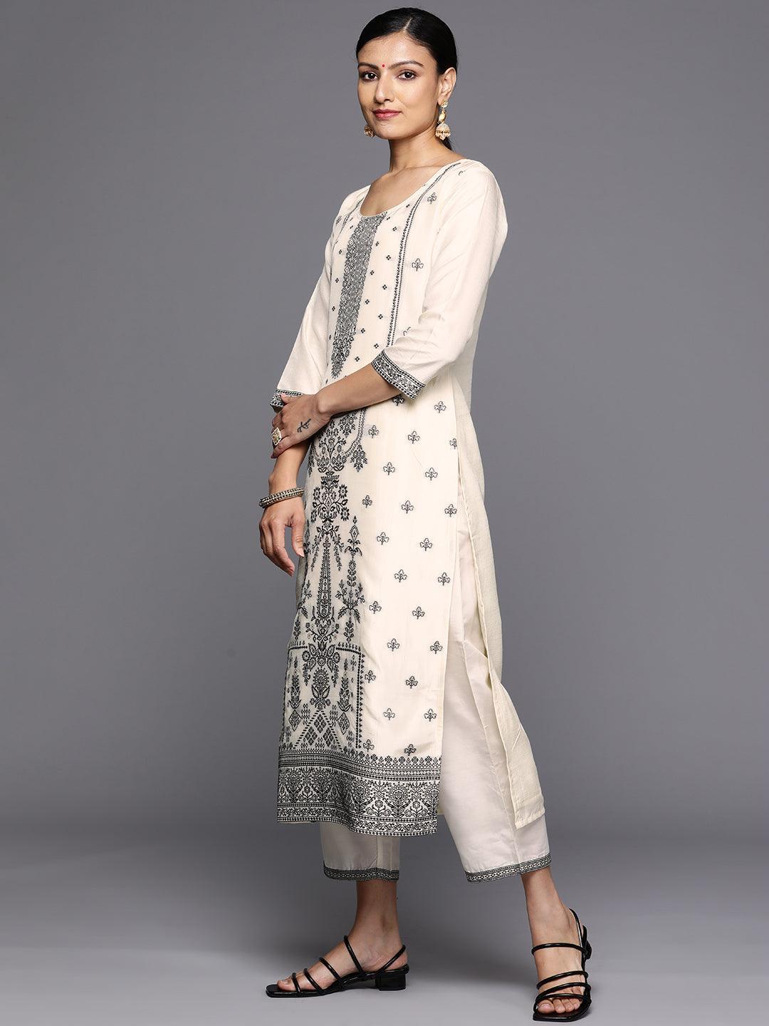 Off White Woven Design Silk Blend Straight Kurta With Trousers & Dupatta