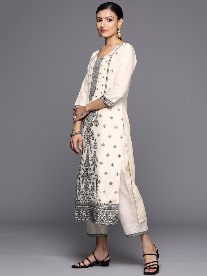 Off White Woven Design Silk Blend Straight Kurta With Trousers & Dupatta - Libas