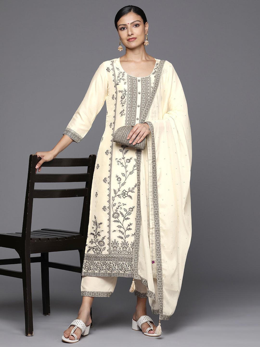 Off White Woven Design Silk Blend Straight Kurta With Trousers & Dupatta - Libas