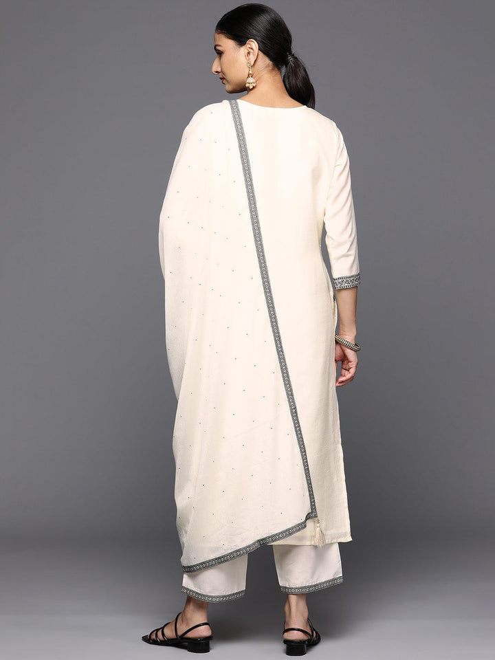 Off White Woven Design Silk Blend Straight Kurta With Trousers & Dupatta - Libas