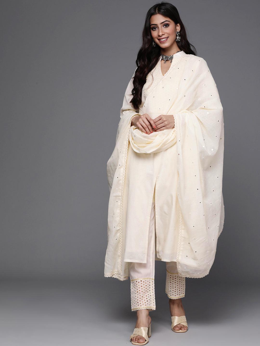 Off White Yoke Design Cotton Suit Set