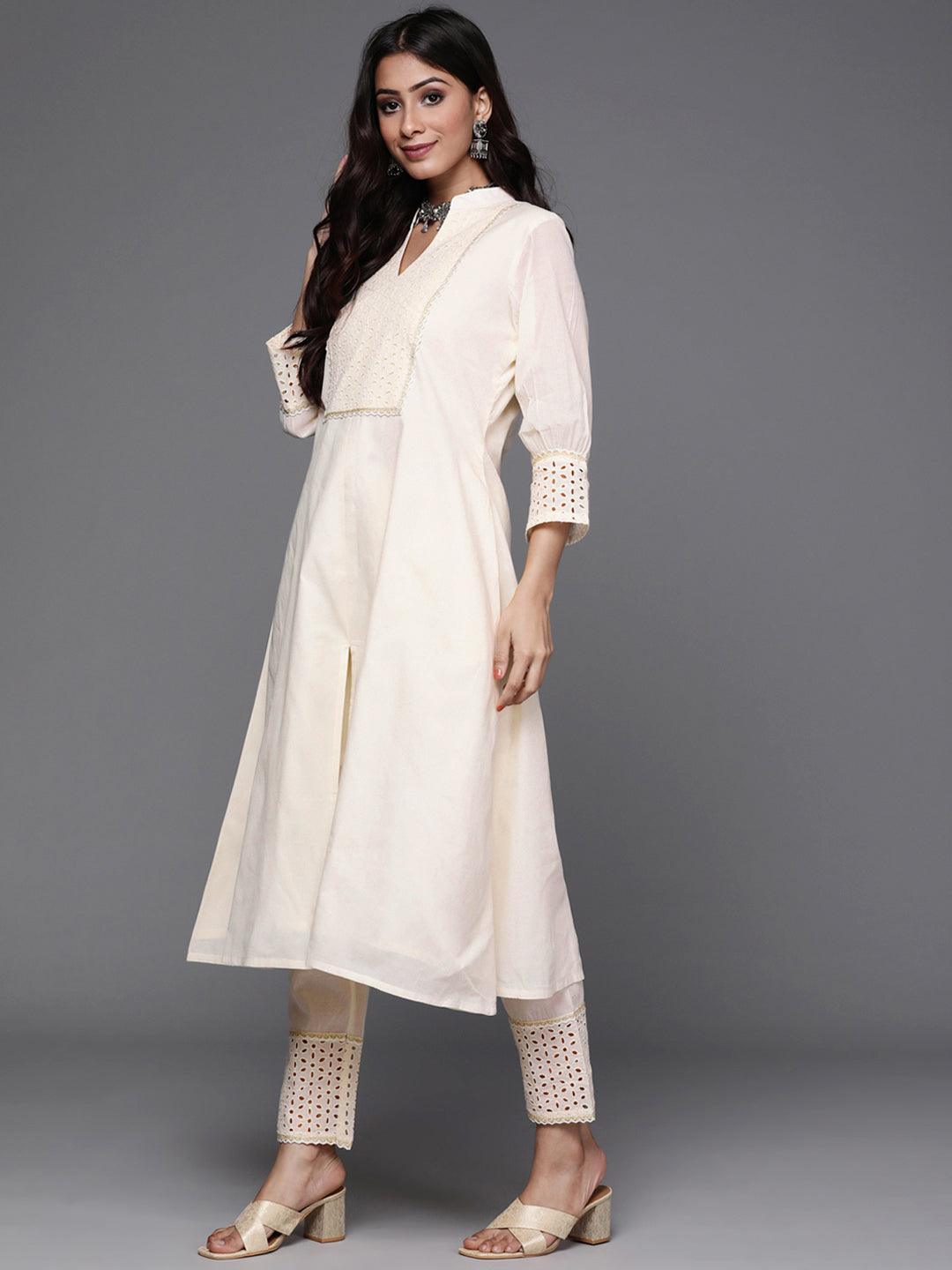 Off White Yoke Design Cotton Suit Set