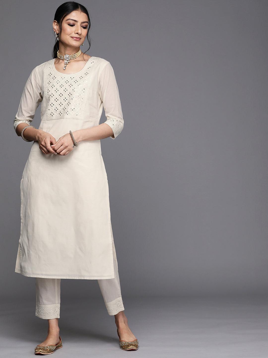 Off White Yoke Design Cotton Kurta - ShopLibas