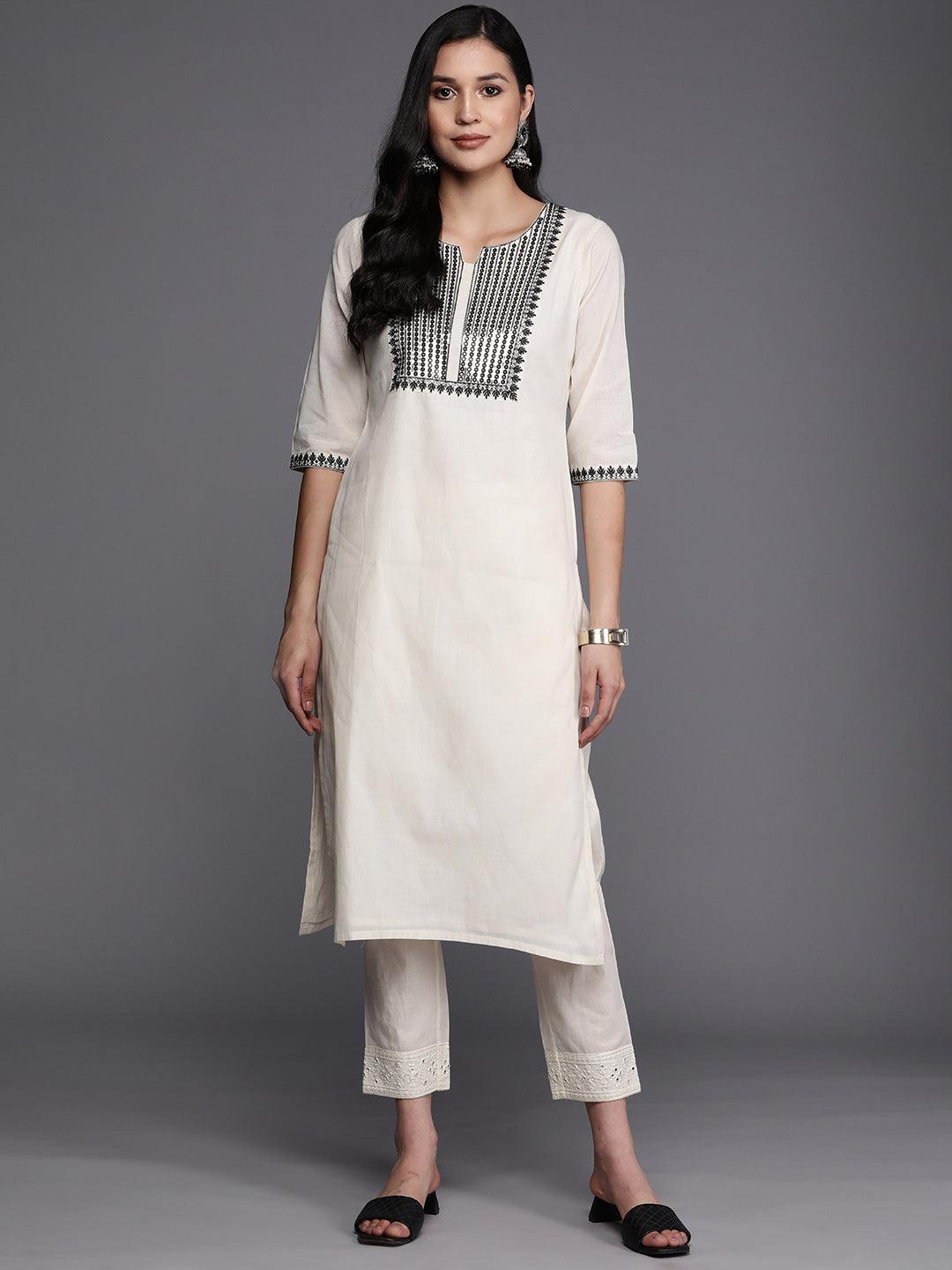 Off White Yoke Design Cotton Straight Kurta