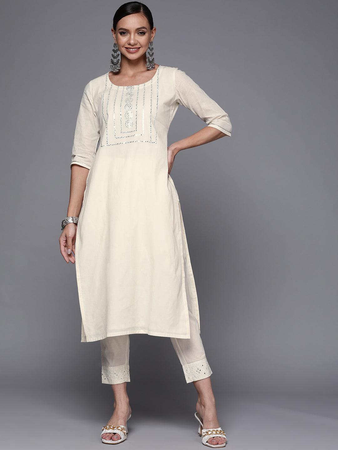 Off White Yoke Design Cotton Straight Kurta