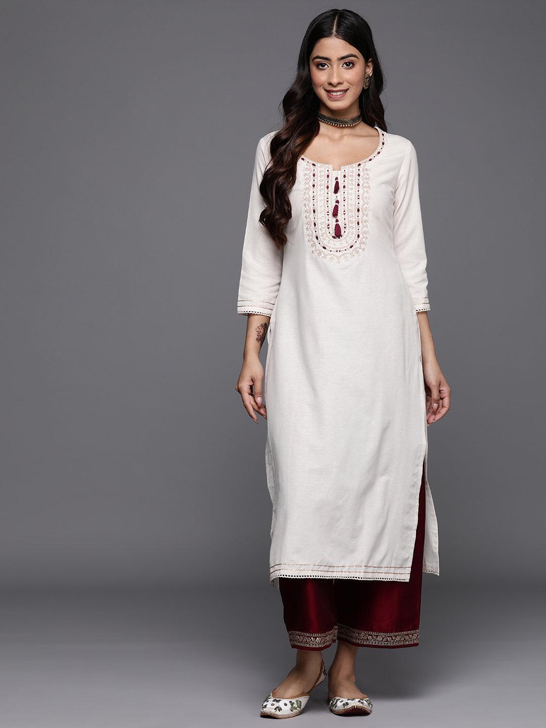 Off White Yoke Design Cotton Straight Kurta