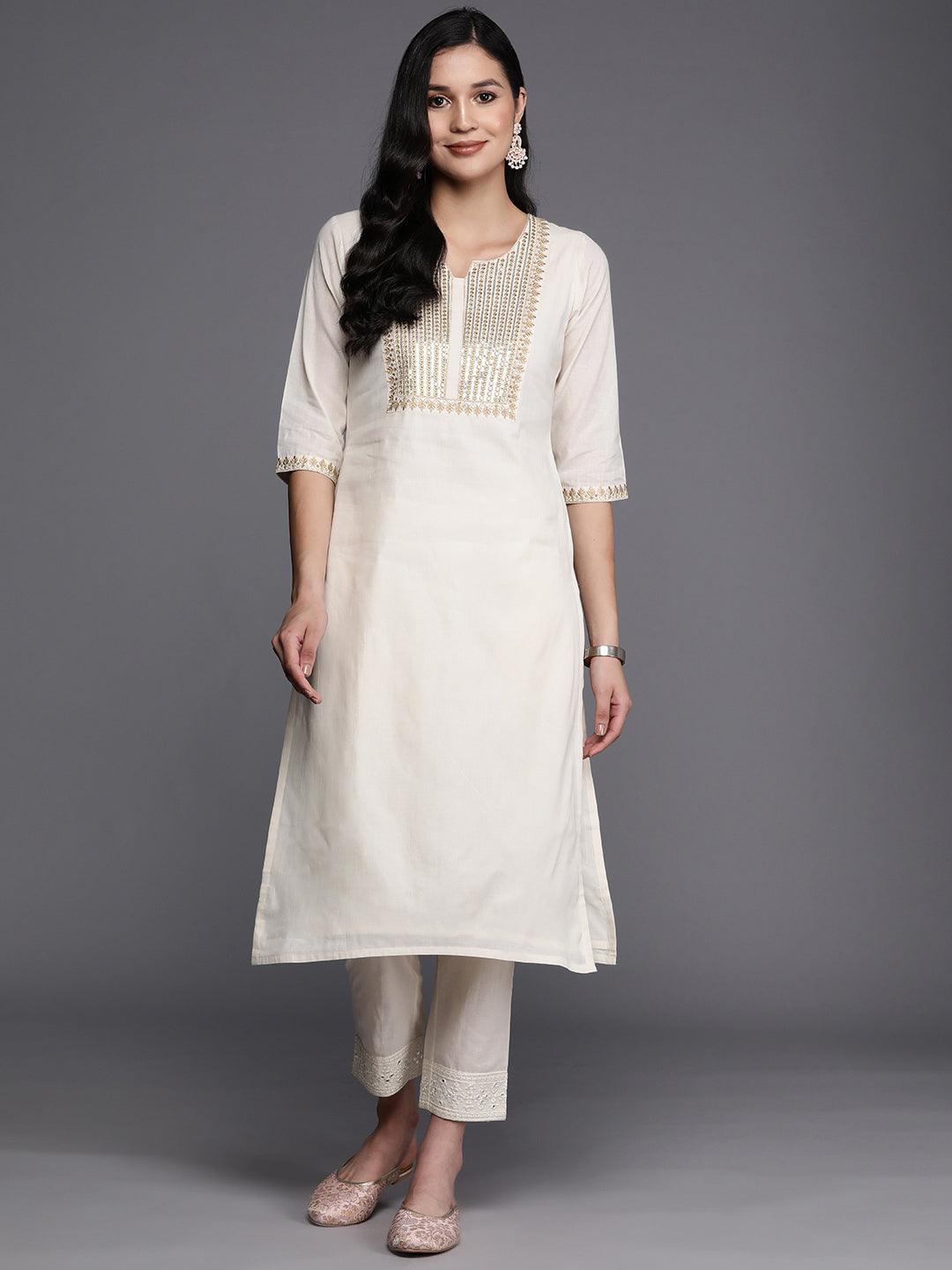 Off White Printed Cotton Straight Kurta - ShopLibas