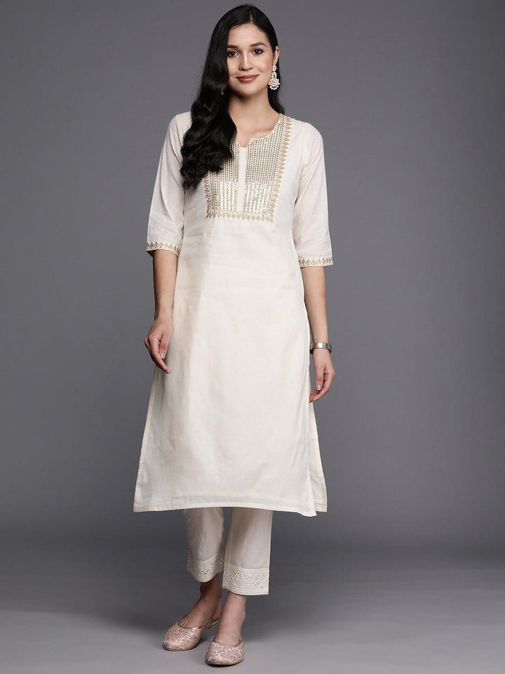 Off White Printed Cotton Straight Kurta - ShopLibas