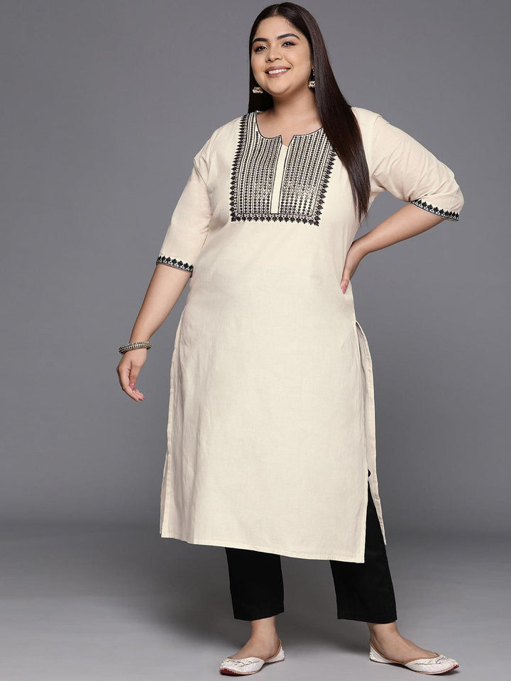 Off White Yoke Design Cotton Straight Kurta - ShopLibas