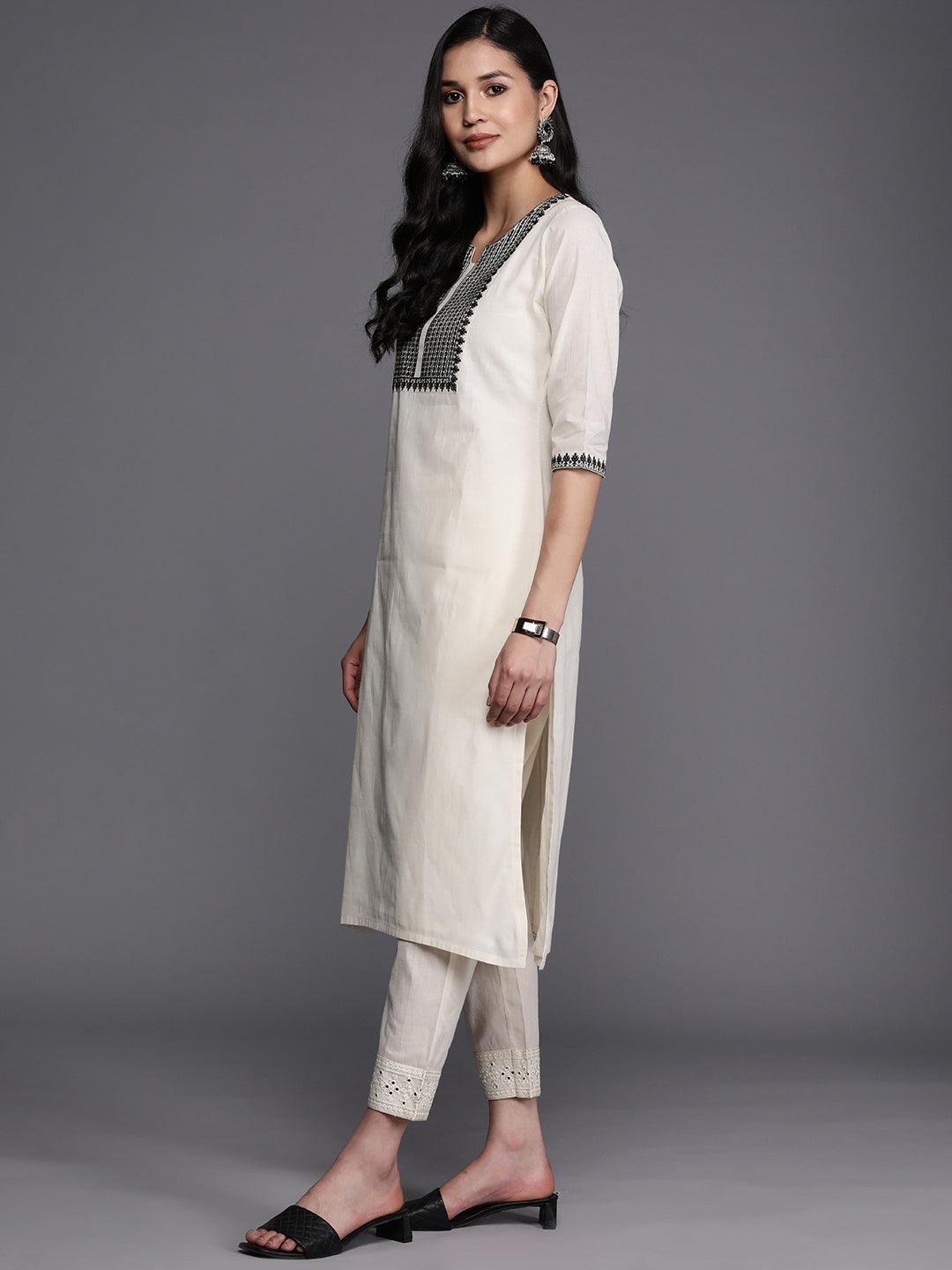 Off White Yoke Design Cotton Straight Kurta