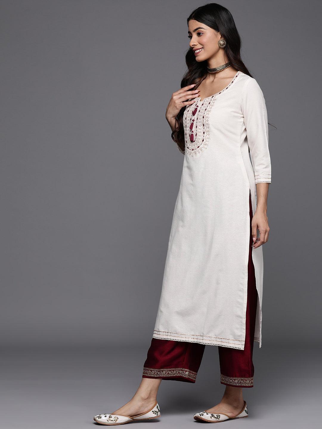 Off White Printed Cotton Straight Kurta - Libas