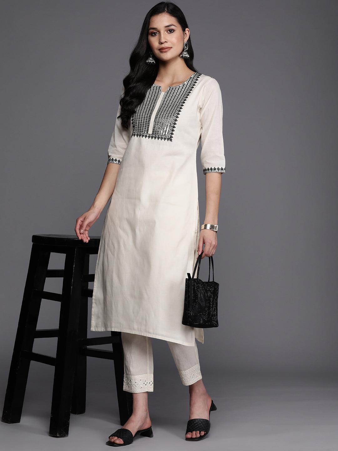 Off White Yoke Design Cotton Straight Kurta