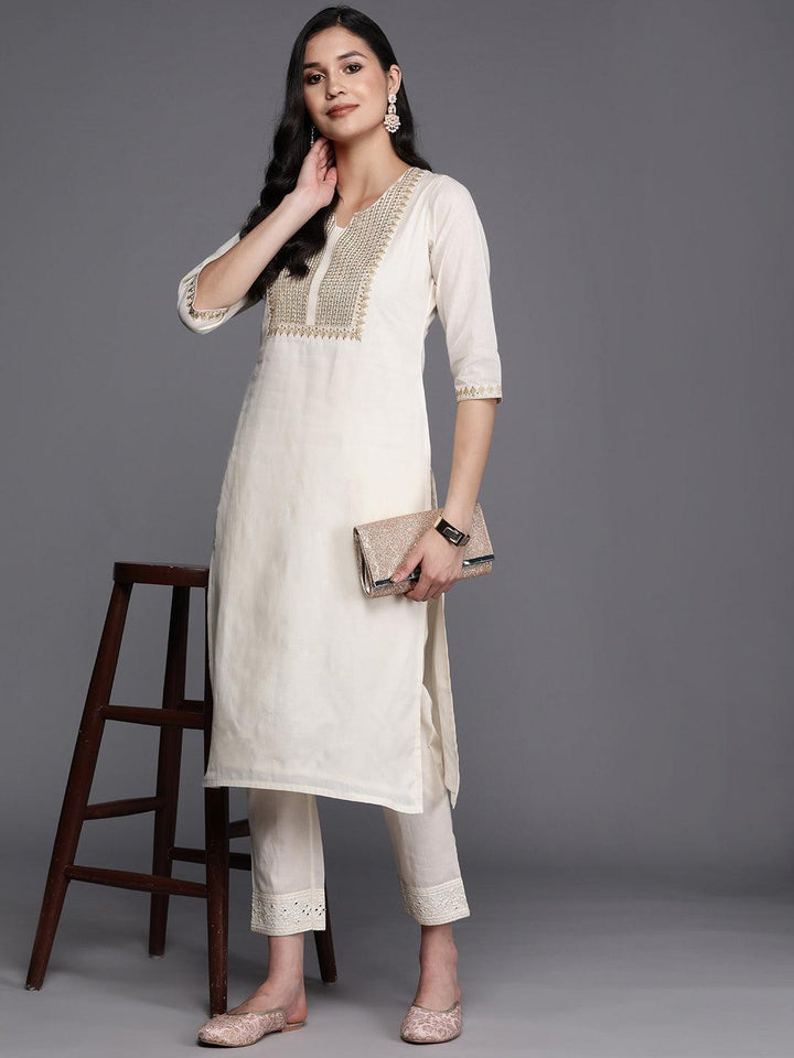 Off White Printed Cotton Straight Kurta - ShopLibas