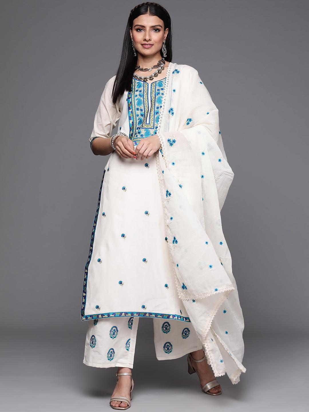 Off White Yoke Design Cotton Suit Set - ShopLibas