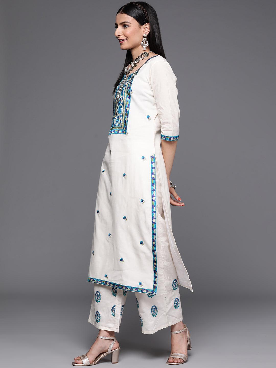 Off White Yoke Design Cotton Suit Set - ShopLibas