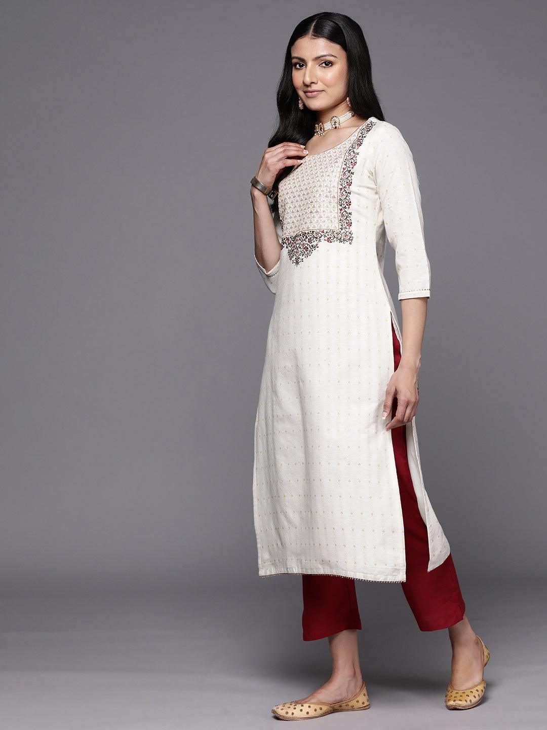 Off White Yoke Design Cotton Straight Suit Set With Trousers