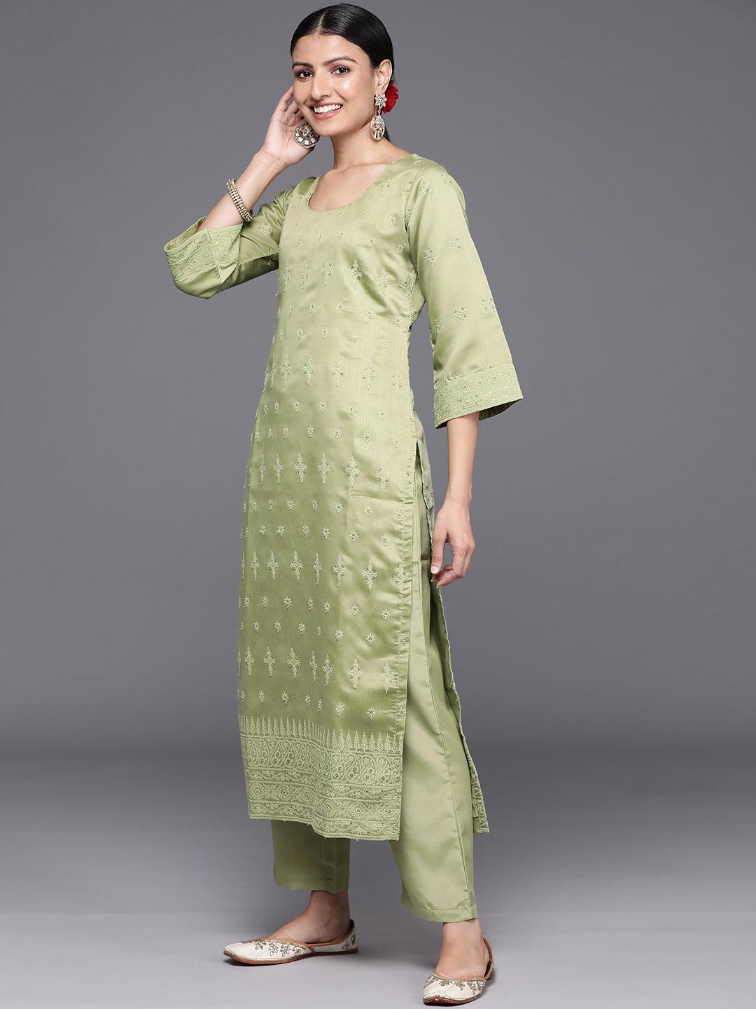 Olive Embroidered Chanderi Silk Straight Kurta With Trousers & Dupatta