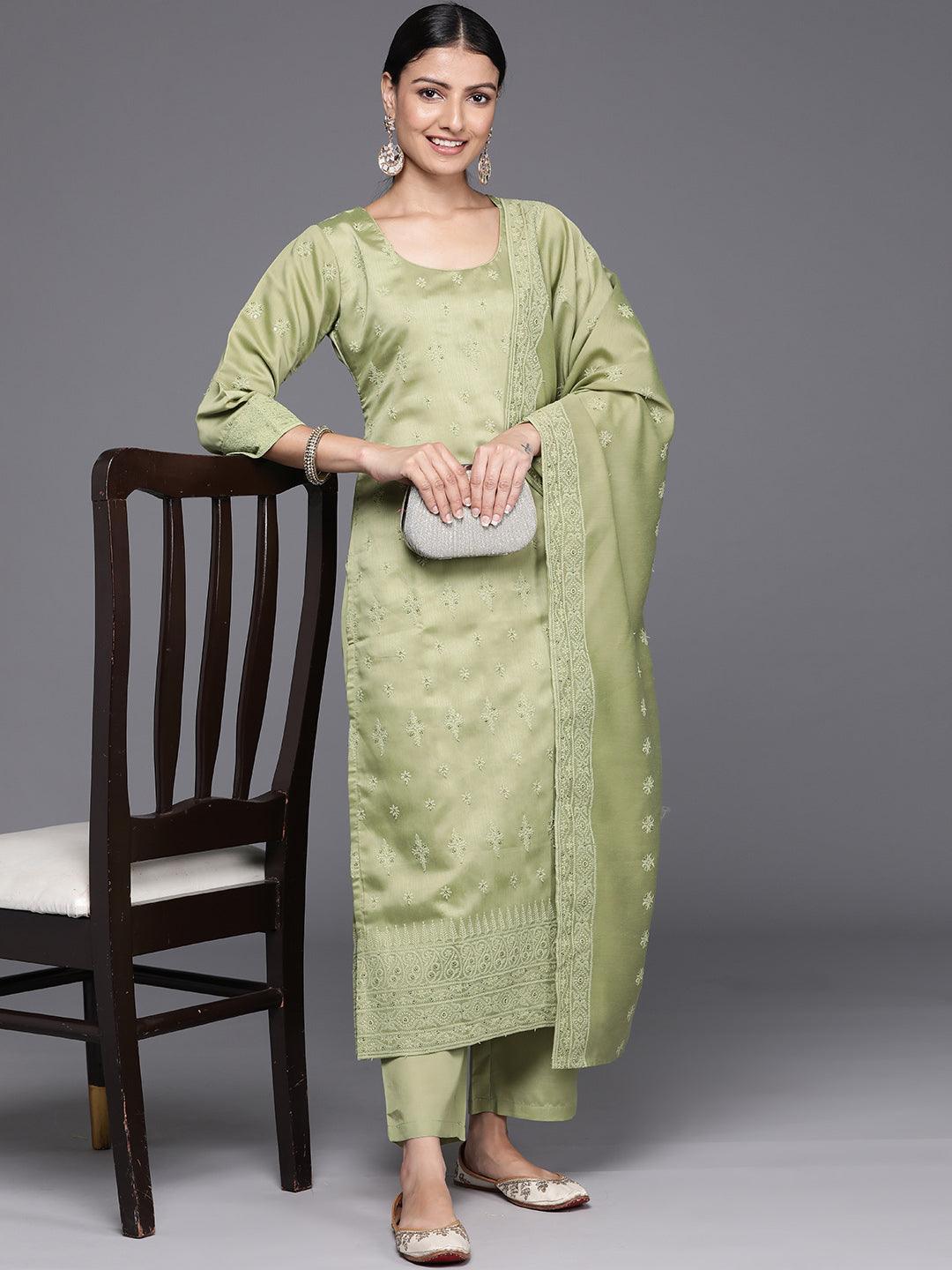 Olive Embroidered Chanderi Silk Straight Kurta With Trousers & Dupatta - Libas