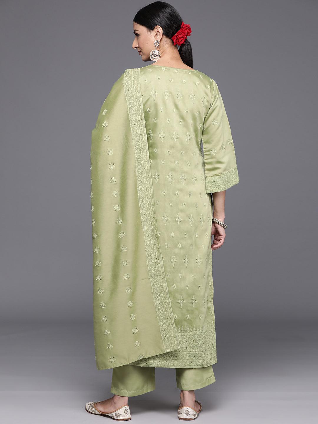 Olive Embroidered Chanderi Silk Straight Kurta With Trousers & Dupatta