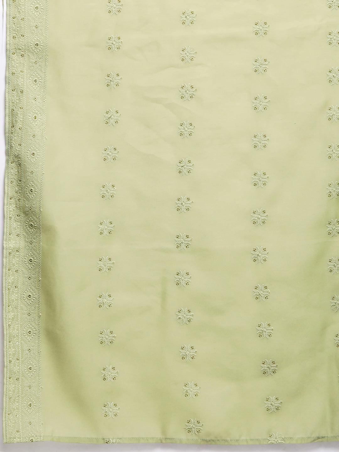 Olive Embroidered Chanderi Silk Straight Kurta With Trousers & Dupatta