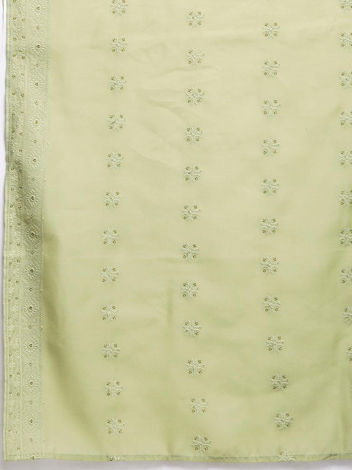 Olive Embroidered Chanderi Silk Straight Kurta With Trousers & Dupatta - Libas