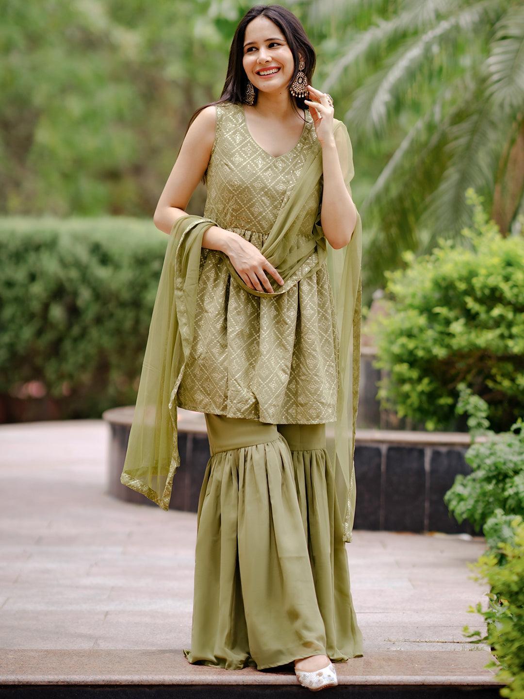 Olive Embroidered Georgette A-Line Kurta With Sharara & Dupatta