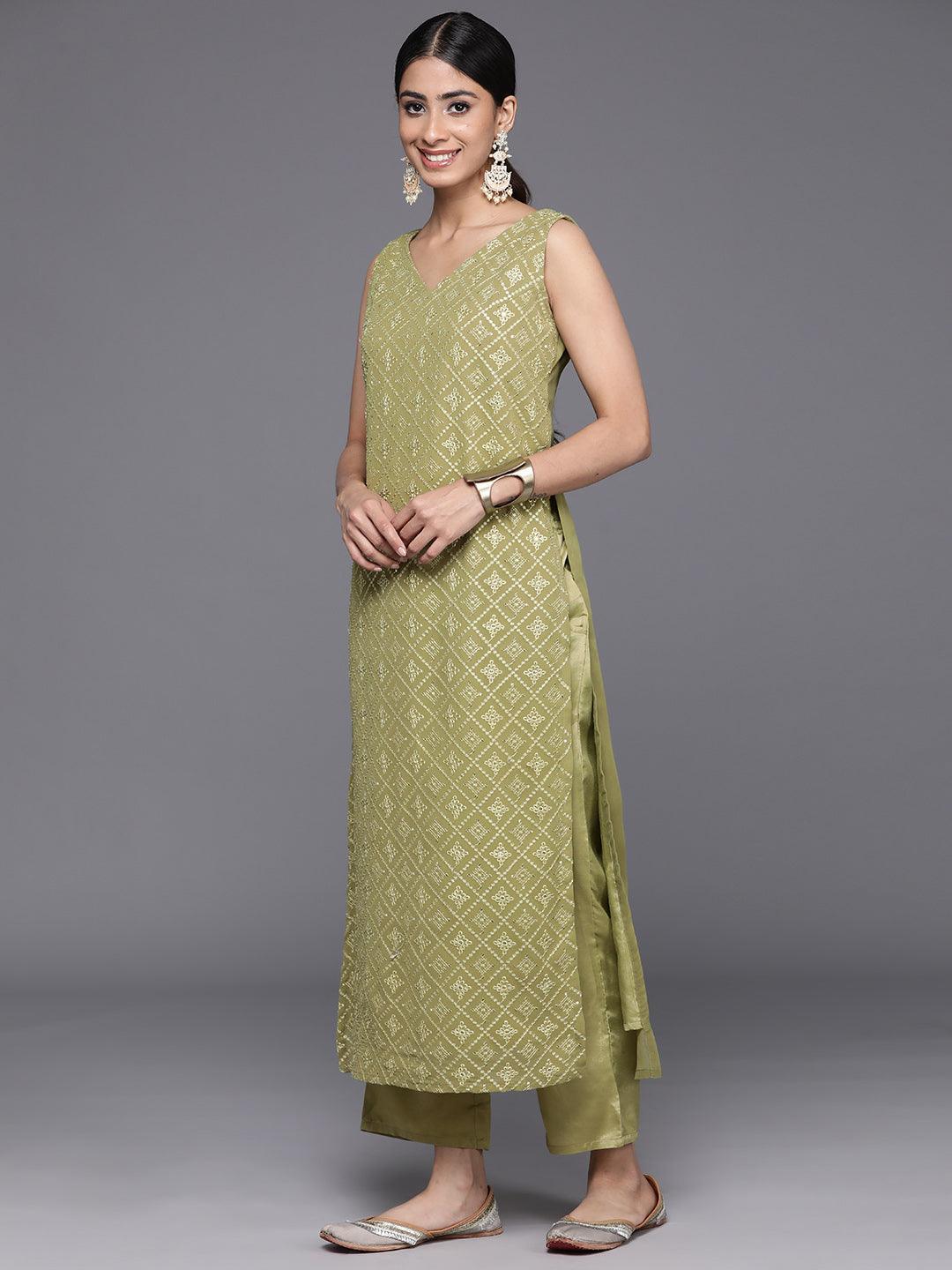 Olive Embroidered Georgette Straight Kurta With Trousers & Dupatta