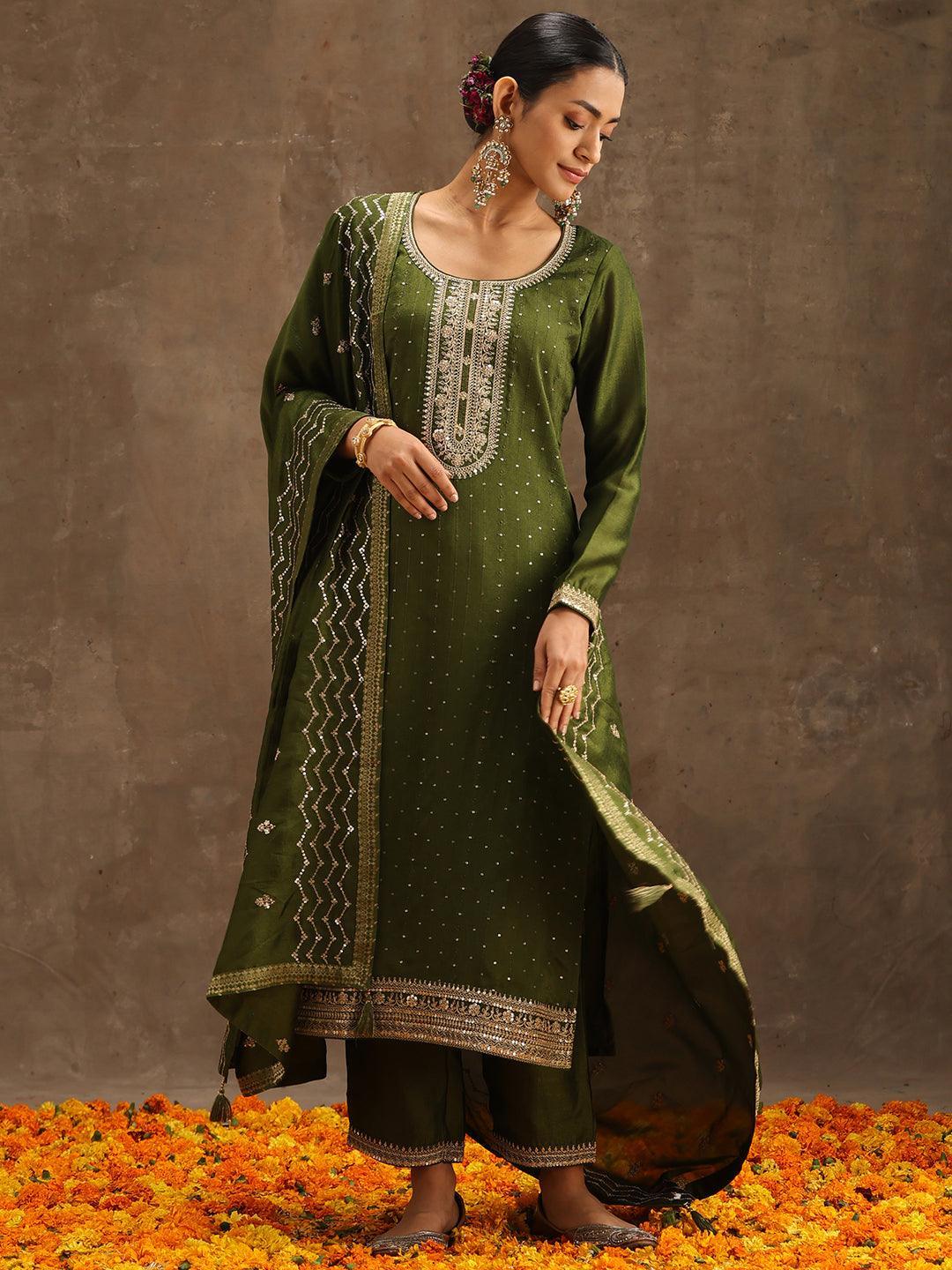 Olive Embroidered Silk Blend Suit Set With Trousers - ShopLibas