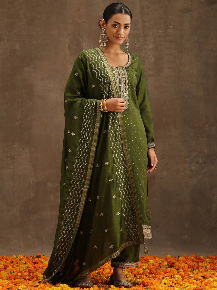 Olive Embroidered Silk Blend Suit Set With Trousers - ShopLibas