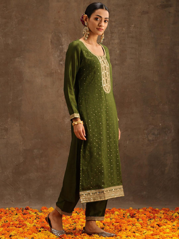 Olive Embroidered Silk Blend Suit Set With Trousers - ShopLibas