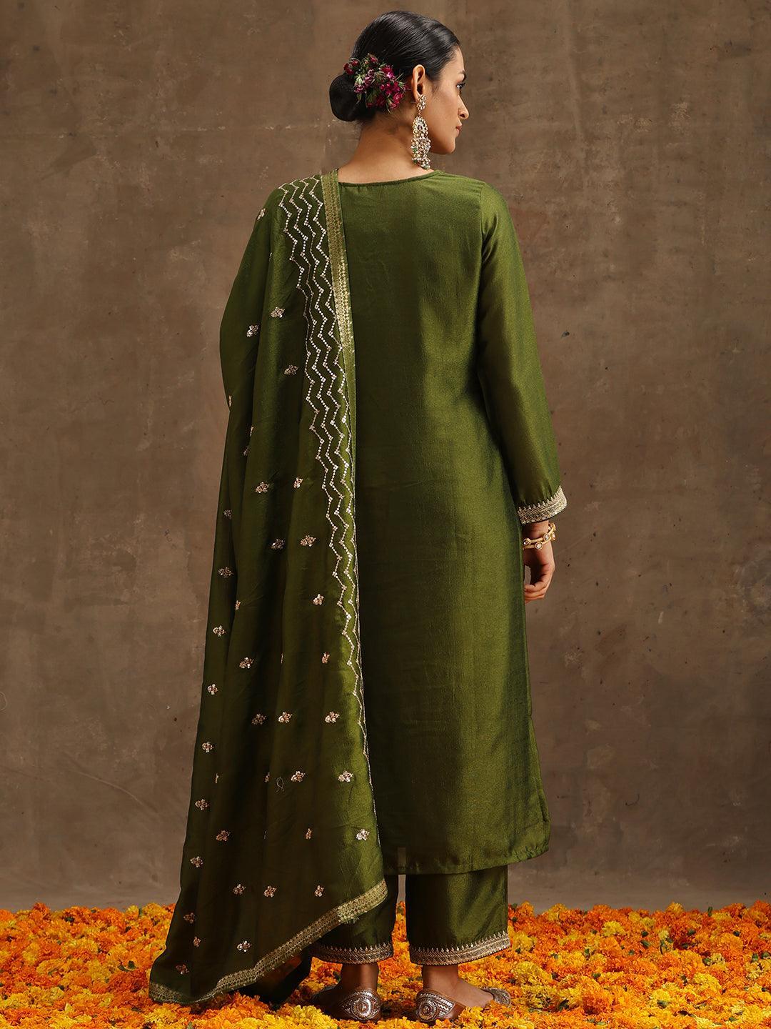 Olive Embroidered Silk Blend Suit Set With Trousers - ShopLibas