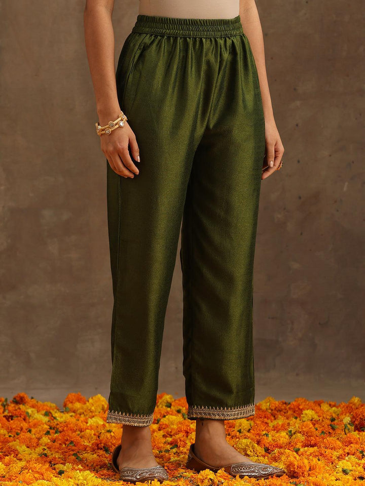 Olive Embroidered Silk Blend Suit Set With Trousers - ShopLibas