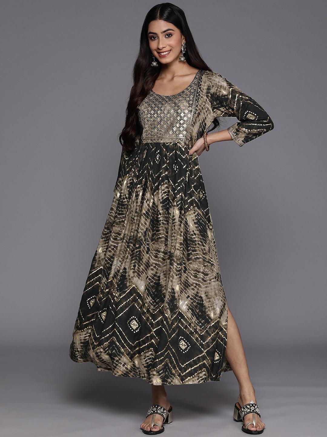 Olive Printed Fit and Flare Rayon Dress